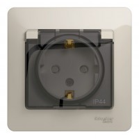 Розетка SYSTEME ELECTRIC GLOSSA, скрытый монтаж, с заземлением, с крышкой, со шторками, молочный
