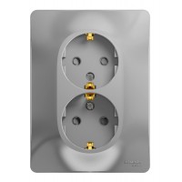 Розетка двухместная SYSTEME ELECTRIC GLOSSA, скрытый монтаж, с заземлением, со шторками, алюминий