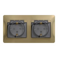 Розетка двухместная SYSTEME ELECTRIC GLOSSA, скрытый монтаж, с заземлением, с крышкой, со шторками, титан, GSL000447