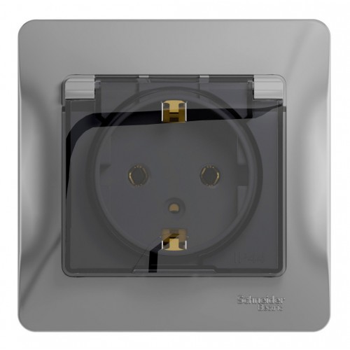Розетка SYSTEME ELECTRIC GLOSSA, скрытый монтаж, с заземлением, с крышкой, со шторками, алюминий