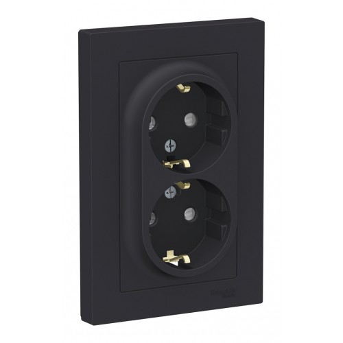 Розетка двухместная SYSTEME ELECTRIC ATLASDESIGN, скрытый монтаж, с заземлением, со шторками, карбон