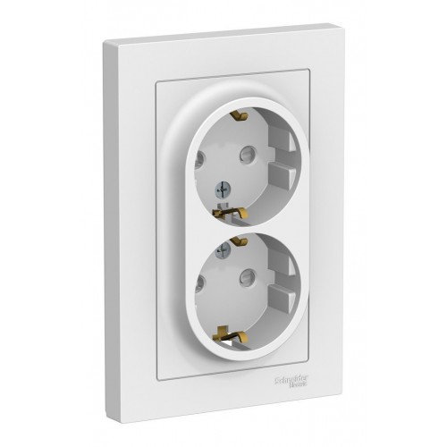 Розетка двухместная с рамкой SYSTEME ELECTRIC ATLASDESIGN, скрытый монтаж, с заземлением, со шторками, винтовые клеммы, белый