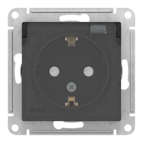 Розетка IP44 SYSTEME ELECTRIC ATLASDESIGN AQUA, скрытый монтаж, с заземлением, с крышкой, со шторками, карбон
