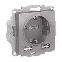 Розетка с 2xUSB SYSTEME ELECTRIC ATLASDESIGN, скрытый монтаж, с заземлением, алюминий, ATN000330