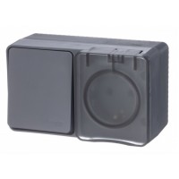 AtlasDesign Profi54 БЛОК: РОЗ. з/к со шт. 16А 250B, ВЫКЛ.1-клав.10А, АНТРАЦИТ