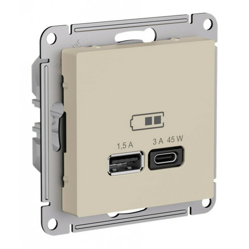 Розетка USB+USB type C SYSTEME ELECTRIC ATLASDESIGN, скрытый монтаж, песочный, ATN001229