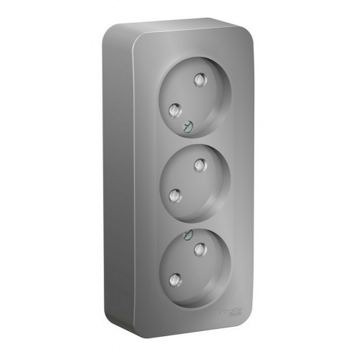 Розетка трехместная SYSTEME ELECTRIC BLANCA, открытый монтаж, без заземления, со шторками, алюминий