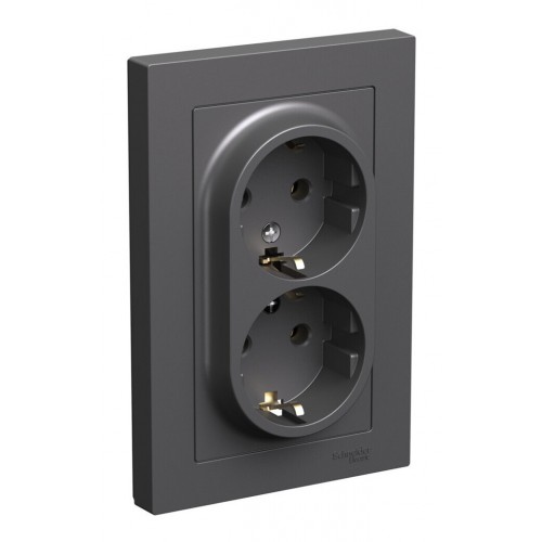Розетка двухместная SYSTEME ELECTRIC ATLASDESIGN, скрытый монтаж, с заземлением, базальт, ATN001424
