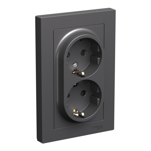 Розетка двухместная SYSTEME ELECTRIC ATLASDESIGN, скрытый монтаж, с заземлением, со шторками, базальт, ATN001426